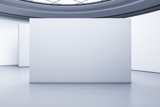 Blank white billboard in exhibition hall interior with mock up place. Gallery concept. 3D Rendering.