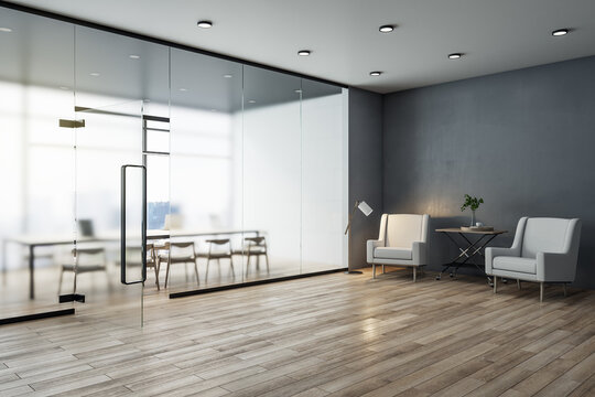 Contemporary concrete office interior with wooden flooring, matte partition glass, furniture, equipment and city view with daylight. 3D Rendering.