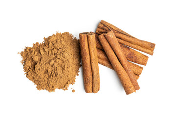 Dry cinnamon sticks and cinnamon powder isolated on white background. Cinnamon spice.