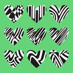 An illustration of nine hearts with a black and white pattern.