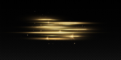 Gold horizontal lens flares pack. Laser beams, horizontal light rays. Glow transparent vector light effect set, explosion, shine, spark, solar flare.