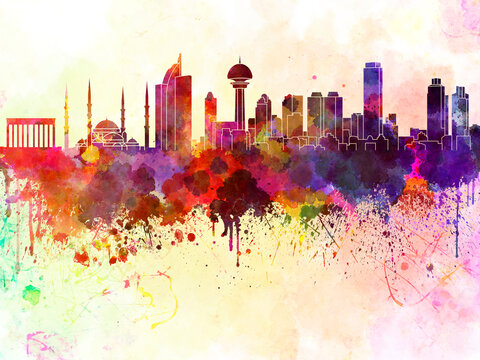 Ankara skyline in watercolor background © Paulrommer