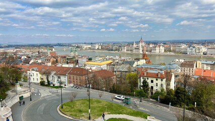 Fisherman's bastion attraction of the Buda castle white stone fortress with seven towers with the...