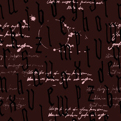 Pattern seamless Gothic style alphabet calligraphy, lettering. Illegible text, ink stains, wine. European Medieval latin letters. Vector background