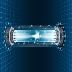 Circle science teleport, futuristic portal sky-fi digital, tunnel with light rays and glows, podium, projector. Vector illustration, black blue background