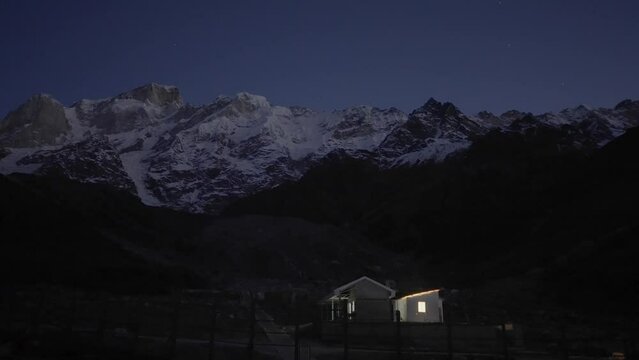 Tranquil Night With Snow Mountains Near Kedarnath Temple At Dusk In India. Static Shot
