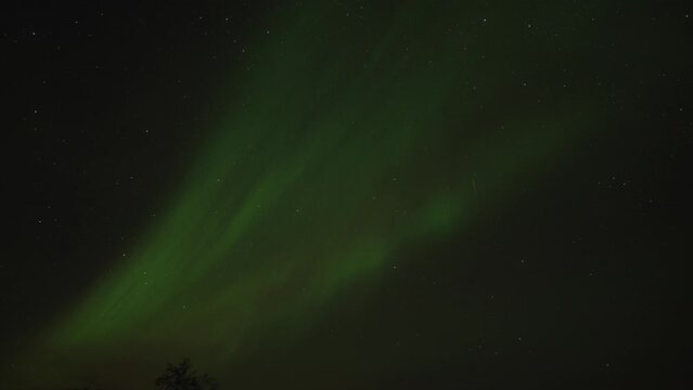 The beautiful dance of the northern lights in the night sky above the fjord. Timelapse.