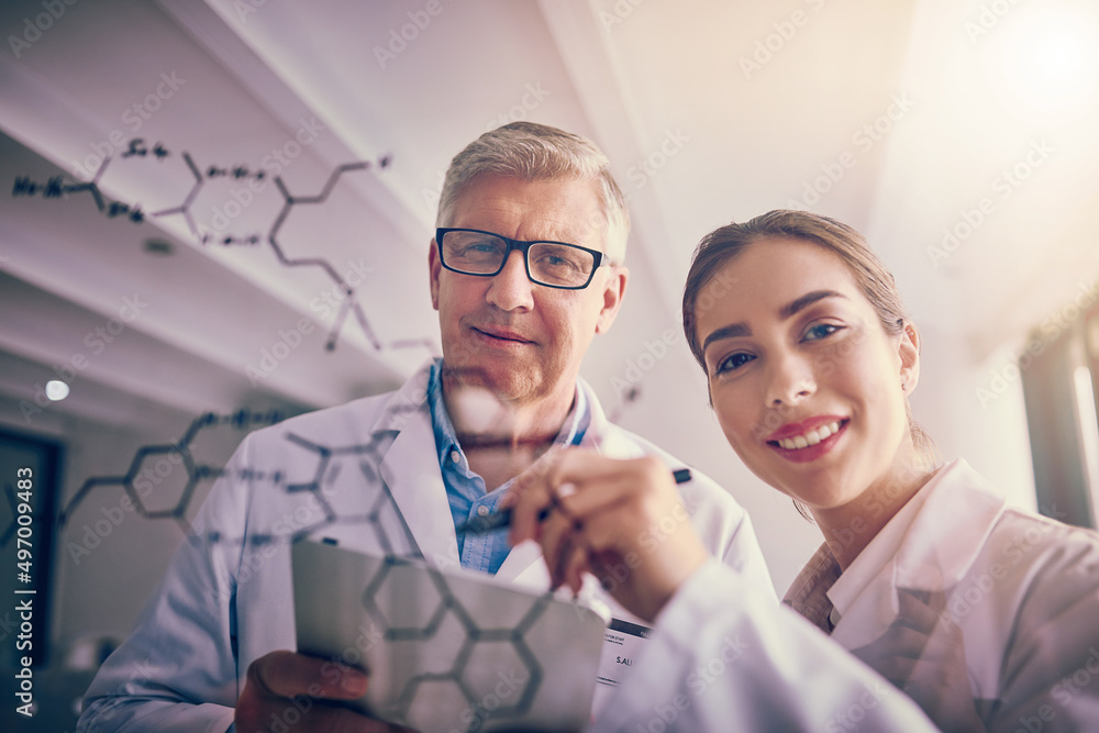 Poster We are always busy with formulas and equations. Portrait of two focused scientists working together solving equations on a glass wall while looking at the camera.