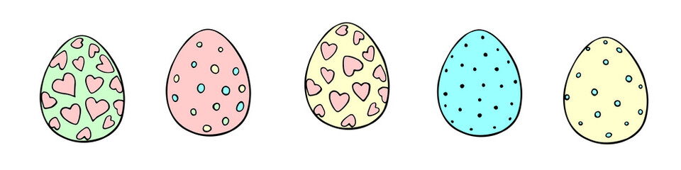 Set of vector colorful ornamental easter eggs with hearts, stains. Holiday illustrations, clip art in hand drawn doodle flat style for greeting cards, festive design