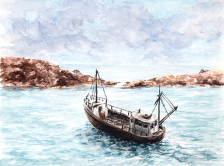 Fototapeta na wymiar Fishing boat in a bay. Watercolor on paper.