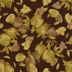 Seamless watercolor pattern of orange slices and pieces.