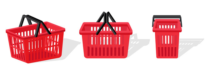 The basket for products is red.Vector illustration of a red supermarket basket in different angles.