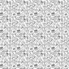 Fast food set icons, fastfood background. Doodle fast food icons. seamless pattern with food icons. food icons on white background. hand drown vector pattern with fast food icons