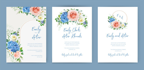 Floral, wedding invite card set. Delicate blue hydrangea, blush peach, yellow rose flowers, eucalyptus greenery leaves bouquet, golden rounded frame Editable, watercolor style, vector art illustration