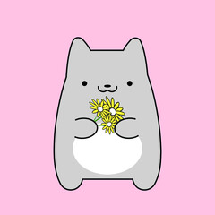 Cute kitten with a bouquet of flowers in its paws on a pink background. Vector image.