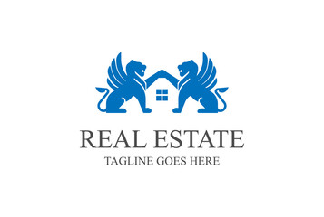 Elegant Griffin Lion Wing Crest with Roof Window for Apartment Real Estate Property Logo Design Vector