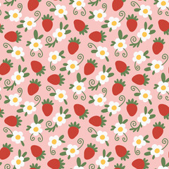 Colorful strawberry pattern. Trendy seamless texture for bardic and wallpaper. Red berries and white flowers on pink background. Cute doodle style print. Fashion summer design