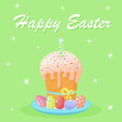 Easter cake on a plate with a candle and colorful eggs. Happy Easter postcard.