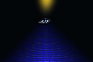Conceptual abstract photo of a building in the form of a blue bright pyramid with an eye of...