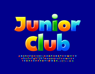Vector modern Sign Junior Club with Colorful Glossy Font  for Kids. Bright Alphabet Letters and Numbers set
