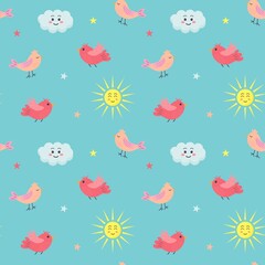 Seamless pattern with cute birds, kawaii sun, cloud and stars. Creative scandinavian childish background for fabric, wrapping, textile, wallpaper, apparel.