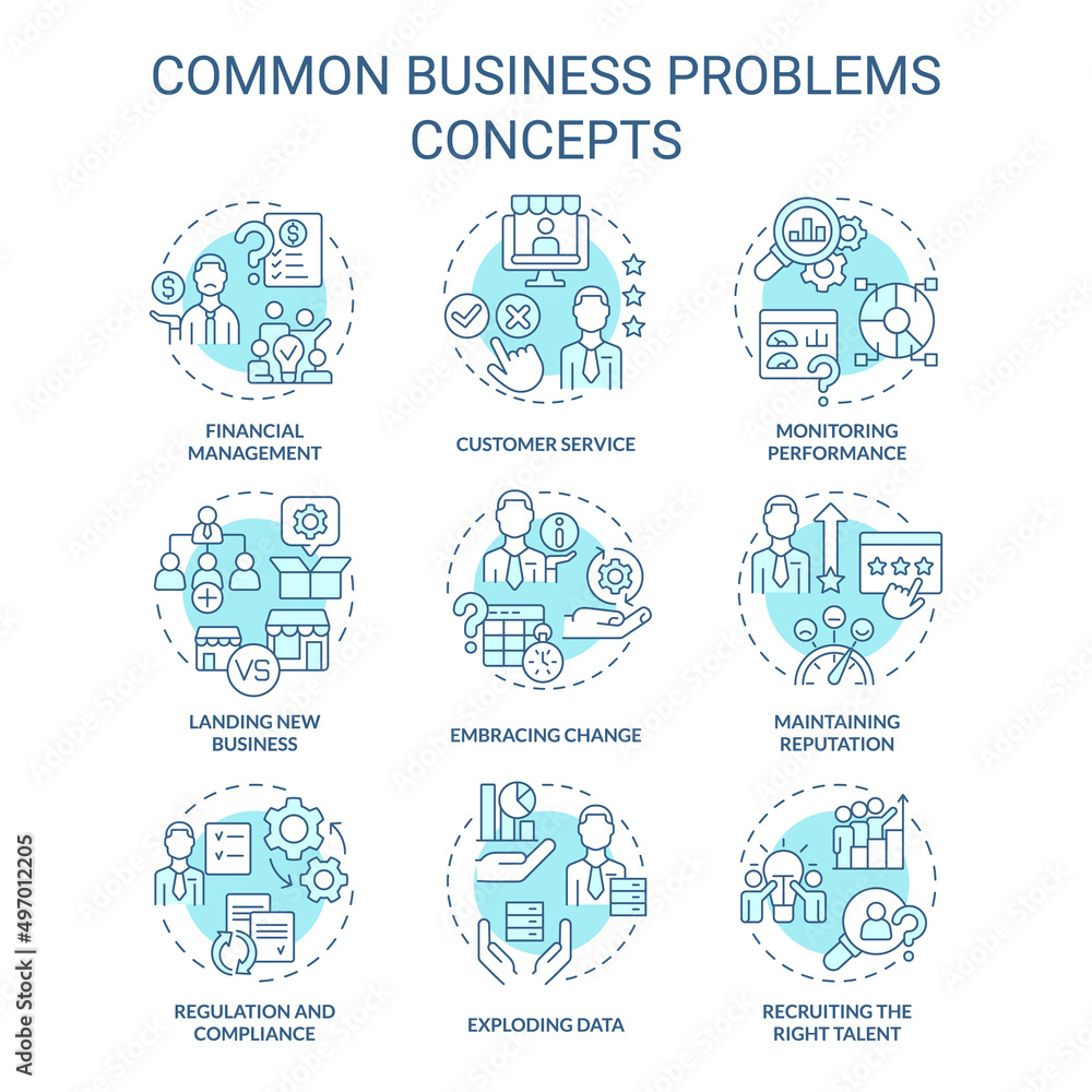 Poster common business problems turquoise concept icons set. monitor performance idea thin line color illus
