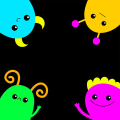Monster icon set in the corner frame. Happy Halloween. Kawaii cute cartoon baby character. Funny face head body. Colorful silhouette. Flat design. Black background.