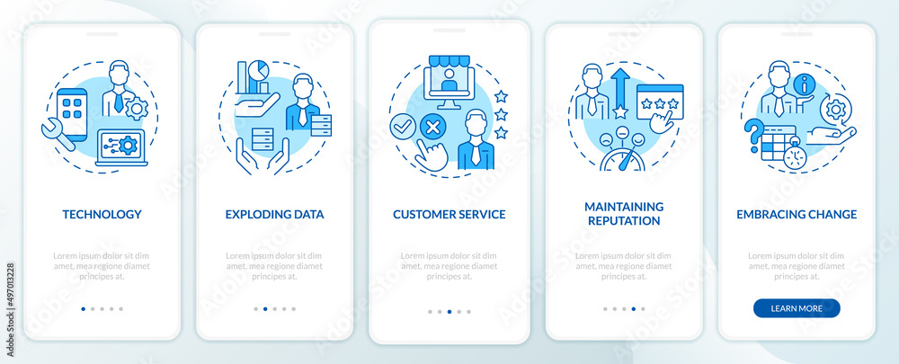 Aufkleber basic problems of startup blue onboarding mobile app screen. walkthrough 5 steps graphic instruction