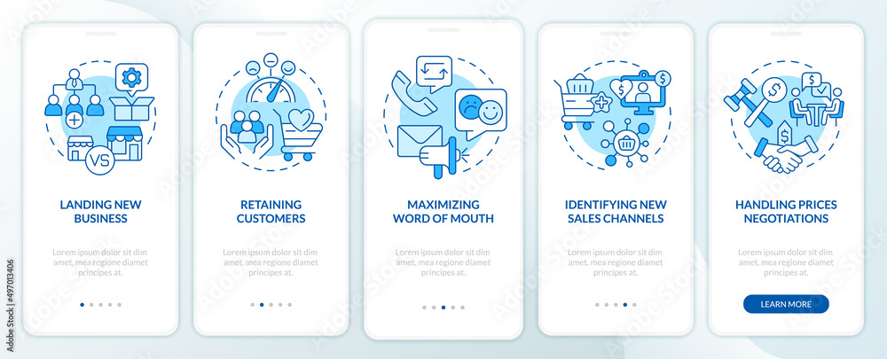 Poster problems in sales management blue onboarding mobile app screen. walkthrough 5 steps graphic instruct