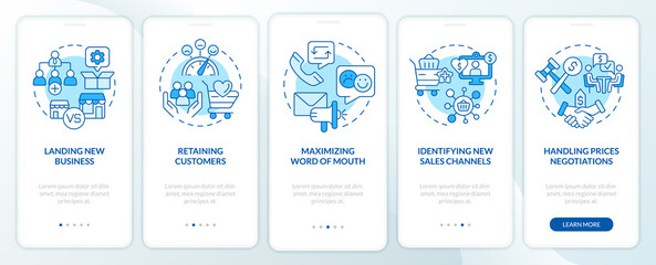 Problems in sales management blue onboarding mobile app screen. Walkthrough 5 steps graphic instructions pages with linear concepts. UI, UX, GUI template. Myriad Pro-Bold, Regular fonts used
