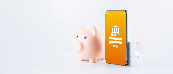 Internet based banking. Mobile phone with internet online bank app. Pig bank with credit card on white background. Online wallet save money.