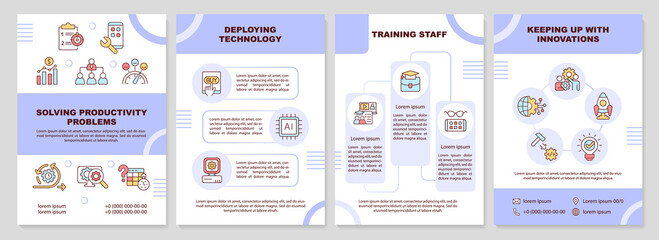 Naklejka premium Employee problems management purple brochure template. Training staff. Leaflet design with linear icons. 4 vector layouts for presentation, annual reports. Arial-Black, Myriad Pro-Regular fonts used