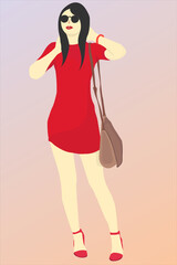 casual girl with red dress and brown bag
