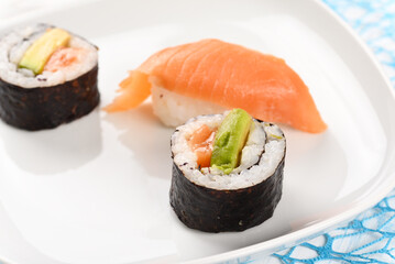 Sushi and rolls on a white plate.