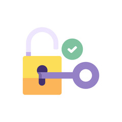 illustration of successfully opening a lock using a key. unlock system security or password. protection and technology. flat cartoon style. vector concept design. landing page, ui, icon