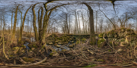 full seamless spherical hdri 360 panorama view near concrete bridge with stones covered with green moss and forest near swamp in equirectangular projection, ready VR AR virtual reality content