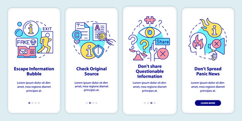 Fighting misinformation onboarding mobile app screen. Walkthrough 4 steps graphic instructions pages with linear concepts. UI, UX, GUI template. Myriad Pro-Bold, Regular fonts used