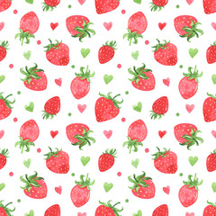 Juicy strawberry watercolor seamless pattern. Bright red berries, green leaves, flowers. Summer botanical illustration. print, background, fabric, digital paper. Summer sweet and bright berries