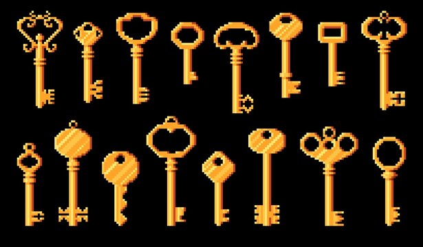 Vintage and modern keys in pixel art, 8bit game vector icons of door keys. 8 bit pixel cubic golden keys from castle door gates for game assets to unlock entrance or level pass
