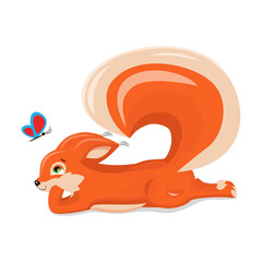 Cute cartoon red fox lies and looks at a butterfly. A blue and pink butterfly is flying.