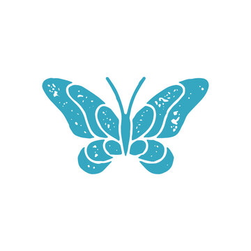 Monochrome blue ornamental butterfly with curved wings and mustache decorative design grunge texture