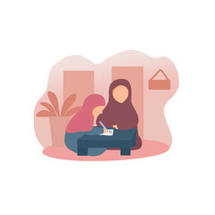 Muslim woman teaching her daughter to learn