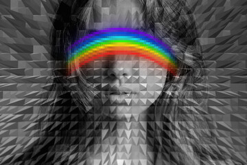 Black and white NFT portrait Young woman with pixel multicolored rainbow, digital artist, remote...