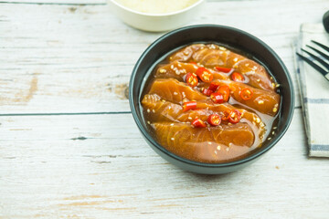 Pickled salmon Korean soy sauce marinated Korean food style.