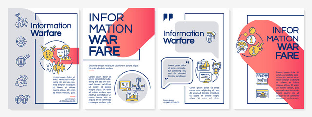 Naklejka premium Information warfare red and grey brochure template. Mislead adversaries. Leaflet design with linear icons. 4 vector layouts for presentation, annual reports. Questrial, Lato-Regular fonts used