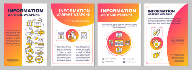 Information warfare weapons red gradient brochure template. Leaflet design with linear icons. 4 vector layouts for presentation, annual reports. Arial-Black, Myriad Pro-Regular fonts used