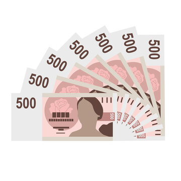 Czech Koruna Vector Illustration. Czech Republic money set bundle banknotes. Paper money 500 CZK. Flat style. Isolated on white background. Simple minimal design.