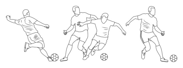 Fototapeta na wymiar Football player with ball. Set of four line silhuette. Sports football illustration. Stock illustration