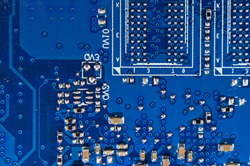 microcircuit closeup. Computer electronic parts, top view.
