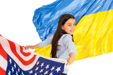 little girl with usa flag on the background of the Ukrainian flag